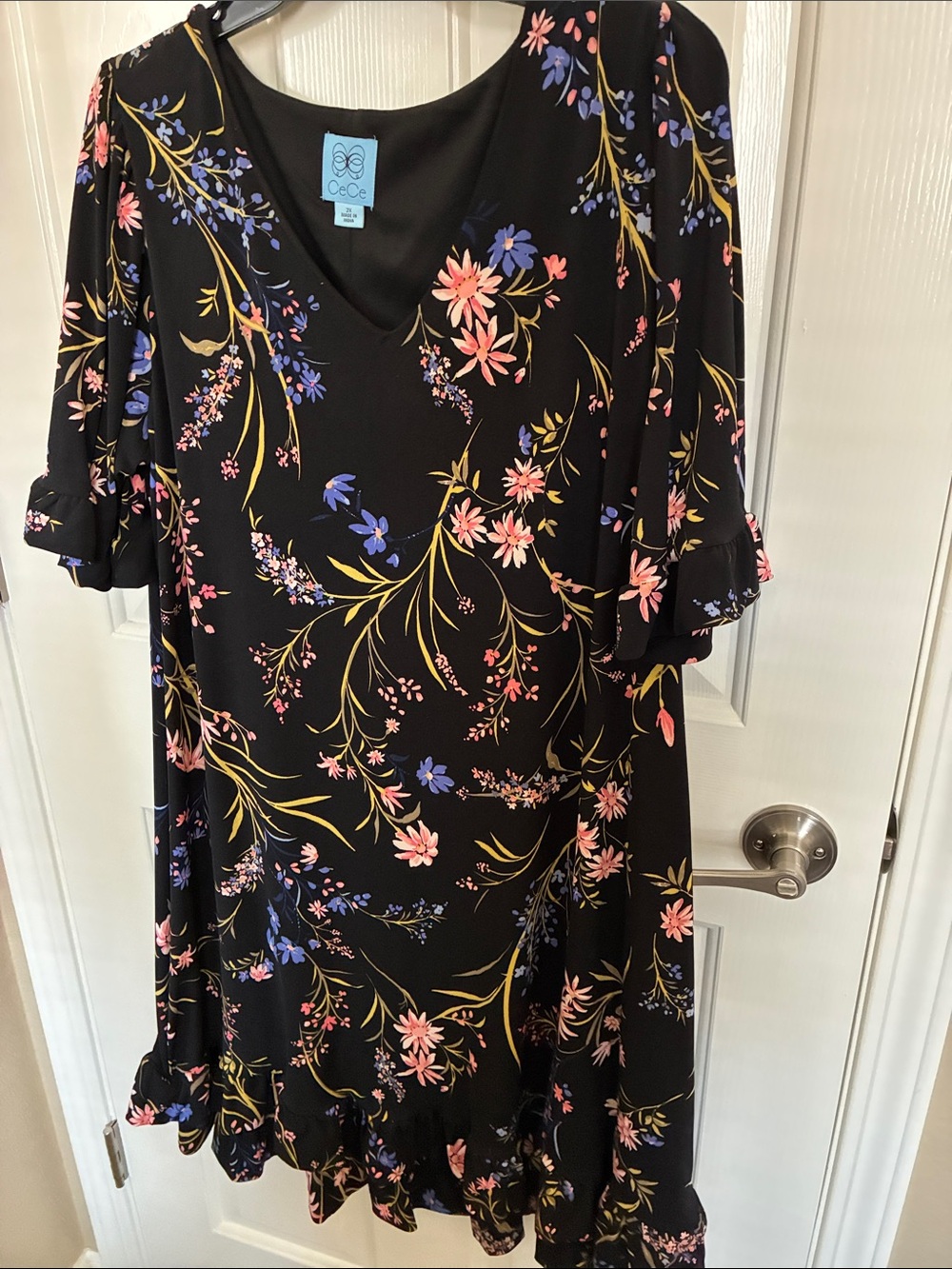 CeCe Black Floral V-Neck Ruffle Dress with Pink and Lavender Blooms